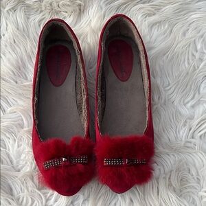 MARCHIORI Gorgeous Vibrant Red Velvet Loafers w/ Grey Faux Fur Lining SZ: 7.5